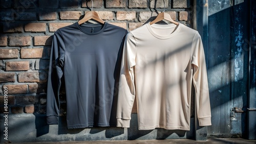 two gorgeous color of white   full sleeve hanging  t shirts front view in old blur wall background