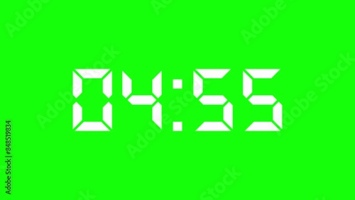 4K countdown animation, 5 minutes displays a timer counting down minutes and seconds, Green Background