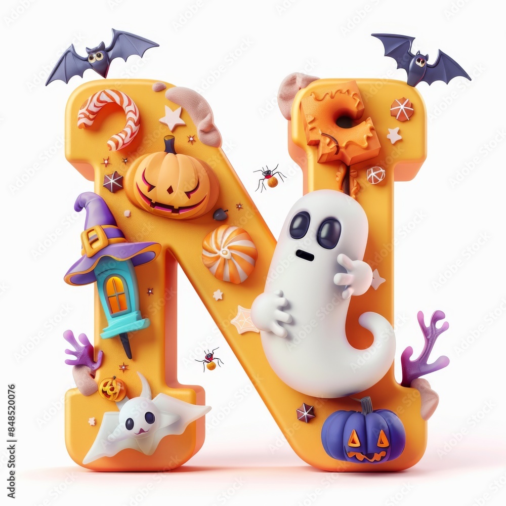 Naklejka premium Halloween letter N with pumpkins and ghost. Autumn Halloween letter N with pumpkins. 