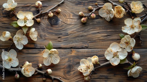 Delicate First Spring Flowers Arranged on Rustic Wooden Background with Blank Card for Custom Message