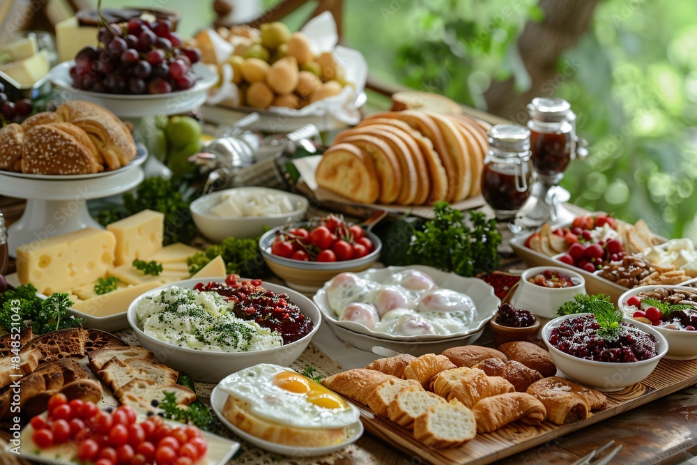 A brunch spread with a variety of dishes, including eggs, bacon, pastries, and fresh fruit. A brunch spread with a variety of dishes, including eggs, bacon, pastries, and fresh fruit.