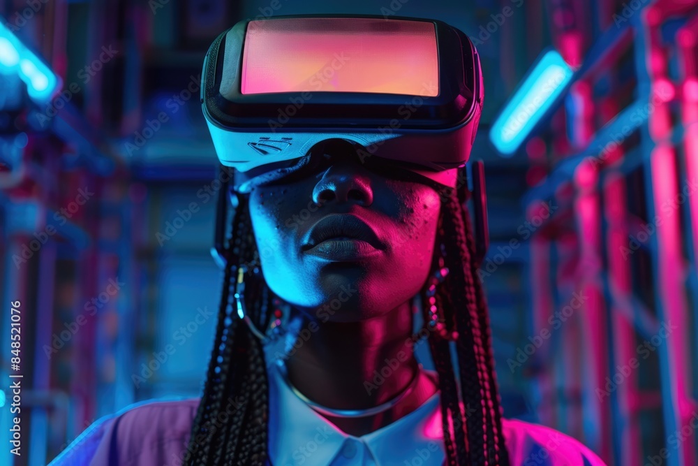 Black woman in VR headset explores digital world with others. Black woman in VR headset explores digital world with others.