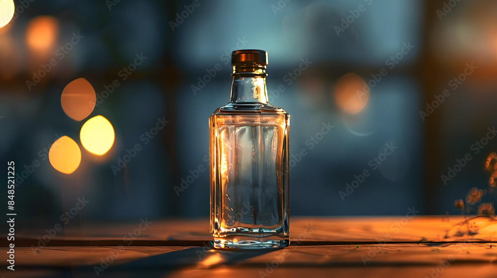 A single bottle of lighter fluid on a wooden background with a blurred backdrop suitable for advertising A single bottle of lighter fluid on a wooden background with a blurred backdrop suitable for advertising