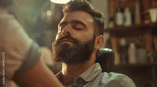 Bearded man getting his beard trimmed with an electric razor by a barber in a barbershop. photo