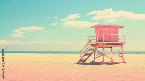 Beach with famous vintage wooden lifeguard hut in Santa Monica, California © zipop