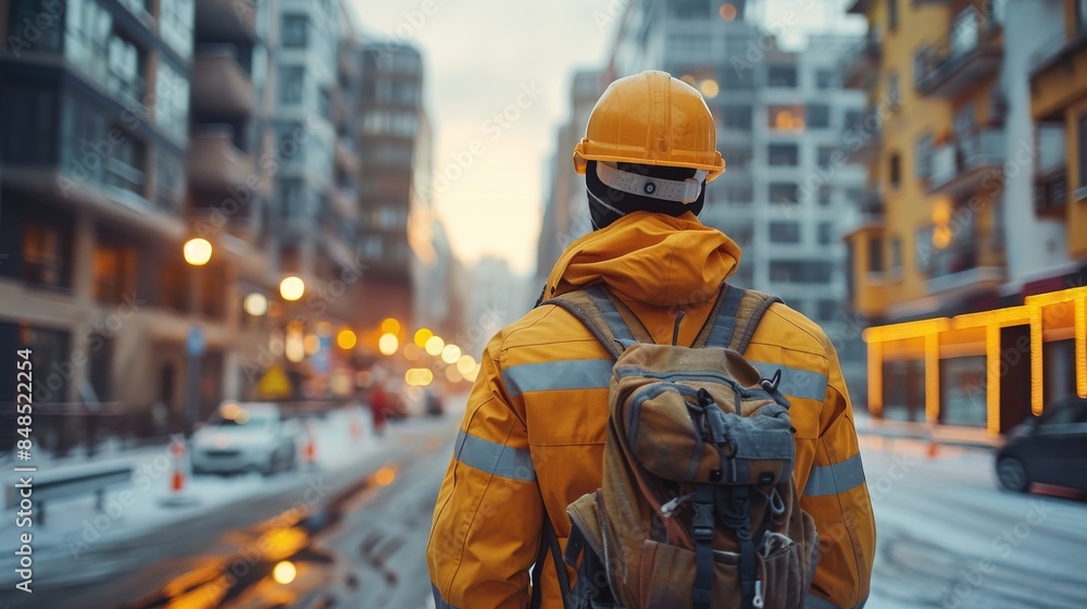 Amidst a snowy urbanscape, a construction worker stands ready, reflecting resilience and occupation Amidst a snowy urbanscape, a construction worker stands ready, reflecting resilience and occupation