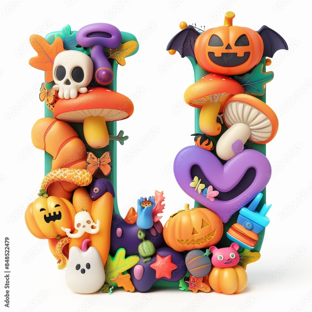 Obraz premium Halloween letter U with pumpkins and ghost. Autumn Halloween letter U with pumpkins. 
