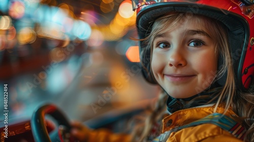 Close-up of a content young girl with a helmet driving a go-kart in a lively fairground setting