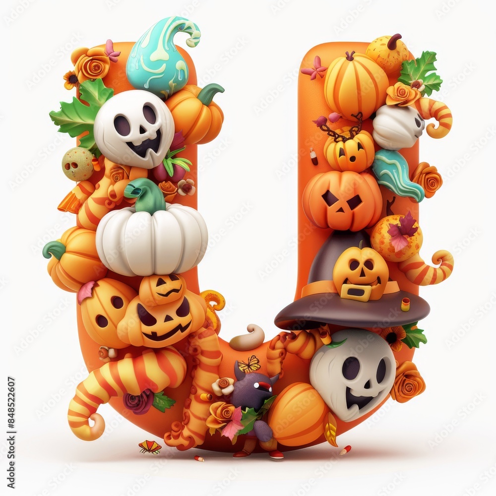 Halloween letter U with pumpkins and ghost. Autumn Halloween letter U with pumpkins. Halloween letter U with pumpkins and ghost. Autumn Halloween letter U with pumpkins.