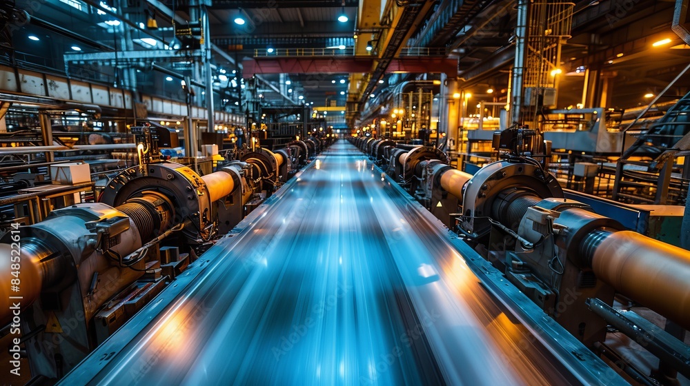 A vivid long exposure shot of a modern manufacturing facility with a running production line creating a motion blur effect A vivid long exposure shot of a modern manufacturing facility with a running production line creating a motion blur effect