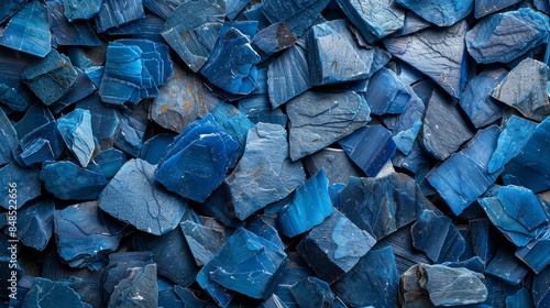 Aerial view of a collection of various blue rock pieces showing diverse textures and shades photo