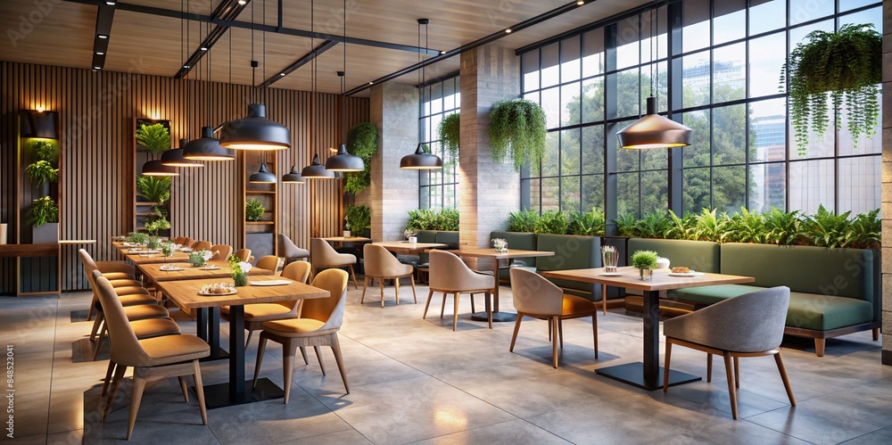 Modern Minimalist Restaurant Interior with Wooden Furnishings and Greenery Modern Minimalist Restaurant Interior with Wooden Furnishings and Greenery