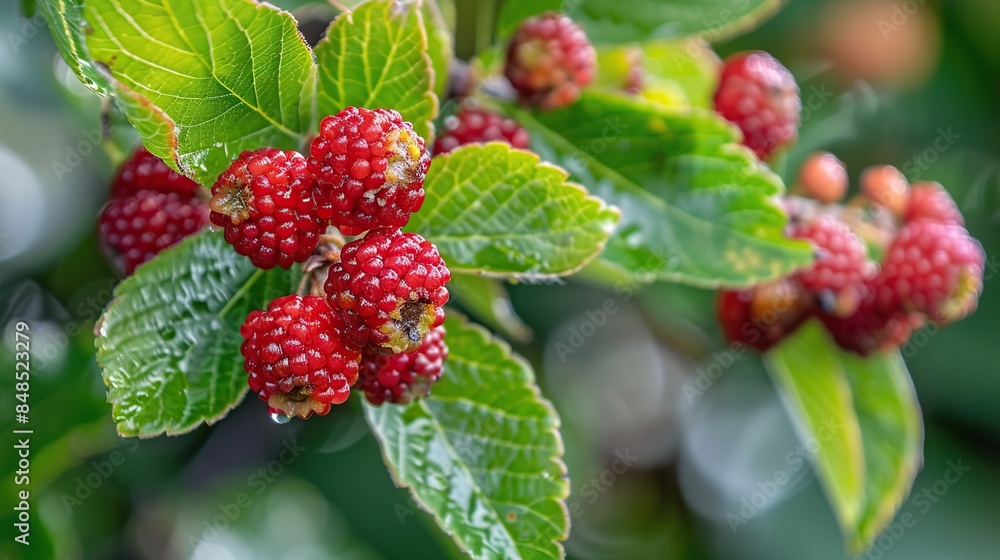 Red bayberry or wax myrte Morella rubra. Generative Ai Red bayberry or wax myrte Morella rubra. Generative Ai