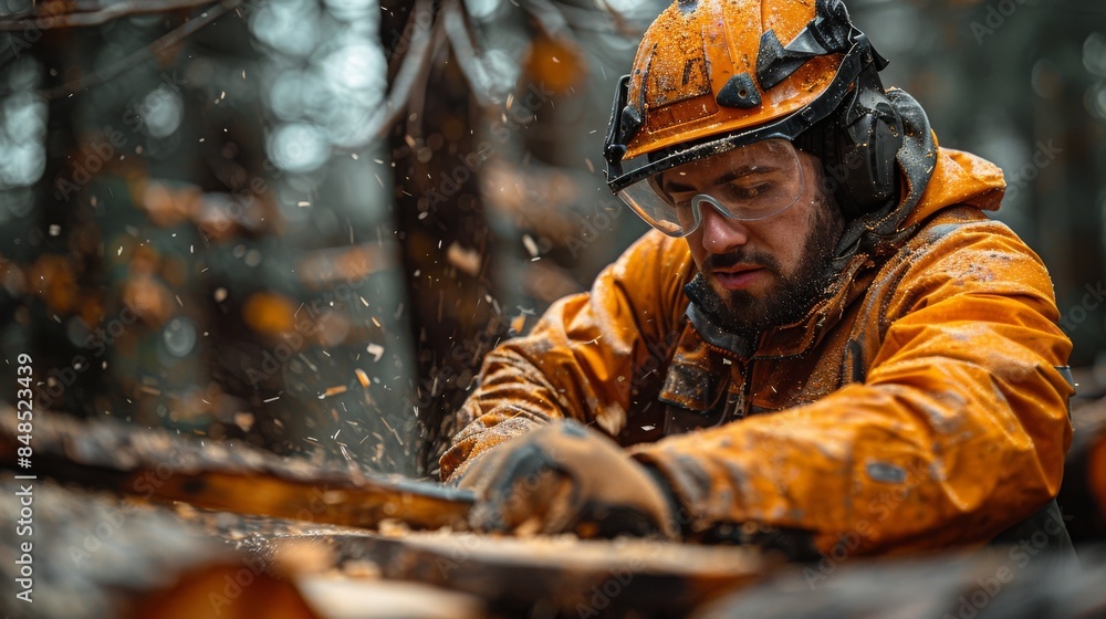 A blurred face lumberjack in orange protective gear using a chainsaw to cut through a log amidst sawdust A blurred face lumberjack in orange protective gear using a chainsaw to cut through a log amidst sawdust
