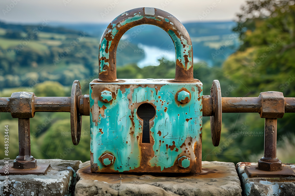 Rustic turquoise lock on a bridge railing with a scenic countryside view, perfect for travel themes, adventure concepts, or security-related designs. Rustic turquoise lock on a bridge railing with a scenic countryside view, perfect for travel themes, adventure concepts, or security-related designs.