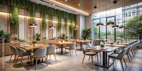 Modern Minimalist Restaurant Interior with Wooden Furnishings and Greenery