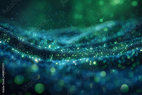 Abstract green and blue glowing particles forming wave patterns, perfect for technology-themed designs, futuristic backgrounds, or digital art projects.
