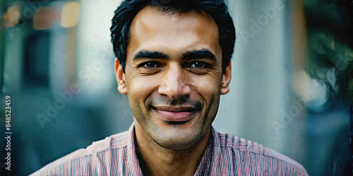 Portrait of Indian man smiling in city street. Close up portrait.  photo