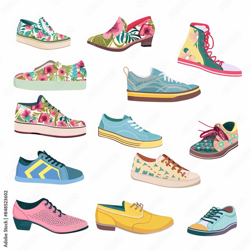 Cartoon summer and spring footwear. Modern female shoes, heels, sneakers and flats. Casual fashion shoes flat vector illustration set. Generative AI Cartoon summer and spring footwear. Modern female shoes, heels, sneakers and flats. Casual fashion shoes flat vector illustration set. Generative AI