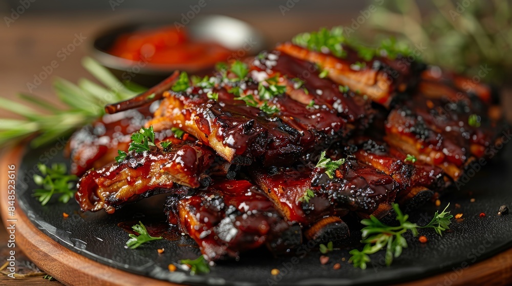 Close-up image of appetizing glazed pork ribs garnished with herbs served on a black plate Close-up image of appetizing glazed pork ribs garnished with herbs served on a black plate