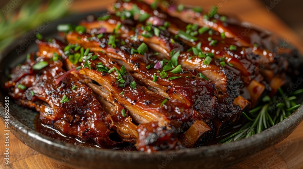 Delicious barbecue pork ribs with a sticky glaze and fresh chopped herbs arranged on a plate Delicious barbecue pork ribs with a sticky glaze and fresh chopped herbs arranged on a plate