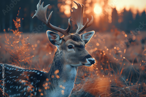 Majestic deer with impressive antlers standing in a field during sunset, surrounded by a warm golden glow. Ideal for nature enthusiasts, wildlife photography, and outdoor-themed projects. photo