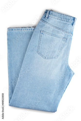 Konstfotografi Denim blue jean, folded blue jeans pants back side with pocket isolated on white, transparent background, top view