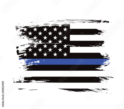 Thin blue line american flag, grunge vector graphic design