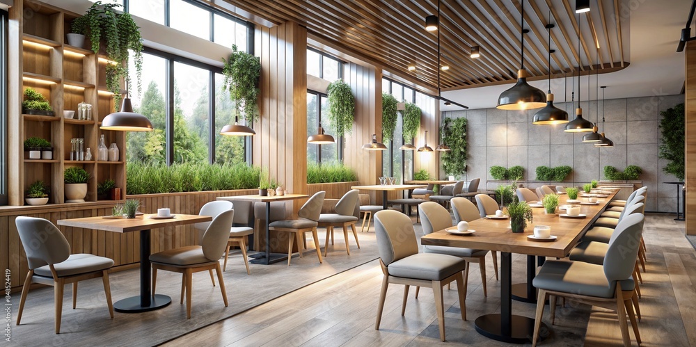 Fototapeta premium Modern Minimalist Restaurant Interior with Wooden Furnishings and Greenery
