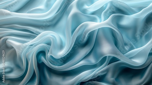 The image shows a close-up of luxurious blue satin fabric with elegant undulating waves