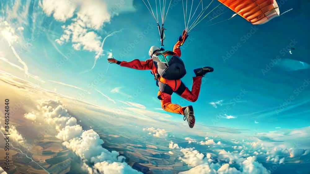 A man in a red suit is flying through the air with a parachute. The sky is blue and there are clouds in the background A man in a red suit is flying through the air with a parachute. The sky is blue and there are clouds in the background