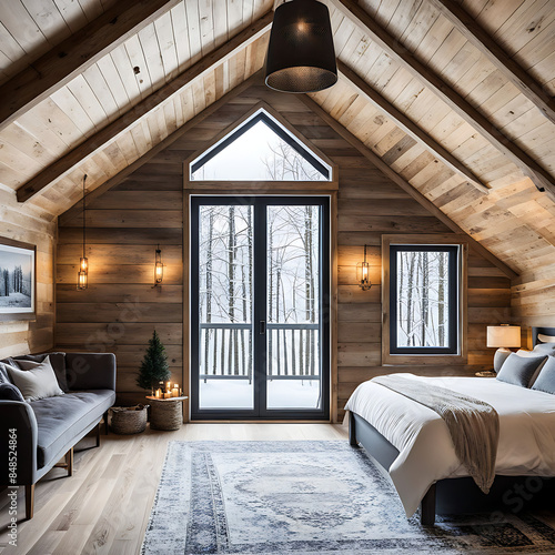 Country rustic interior design of modern bedroom in house in winter forest. © Interior