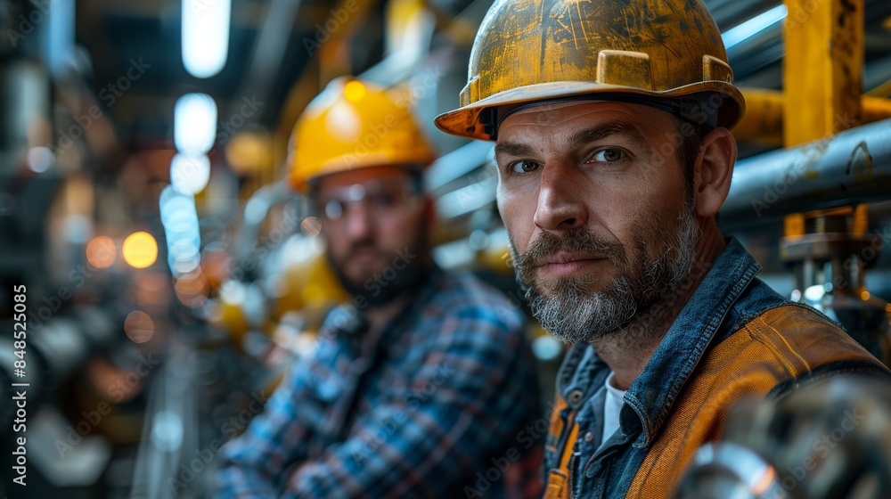 Two attentive male workers are pictured in an industrial environment wearing hard hats and workwear, one looking at the camera Two attentive male workers are pictured in an industrial environment wearing hard hats and workwear, one looking at the camera
