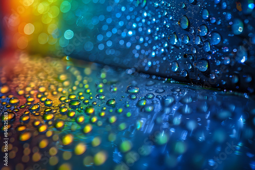 Close-up of colorful water droplets on a surface, creating a vibrant and abstract pattern. Ideal for backgrounds, creative projects, and artistic designs.