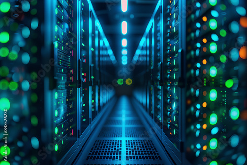 A modern server room with ambient lighting with hundreds of servers in server cabinets