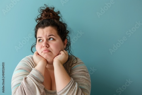 An overweight woman with a confused expression leans on her hands in front of a blue wall