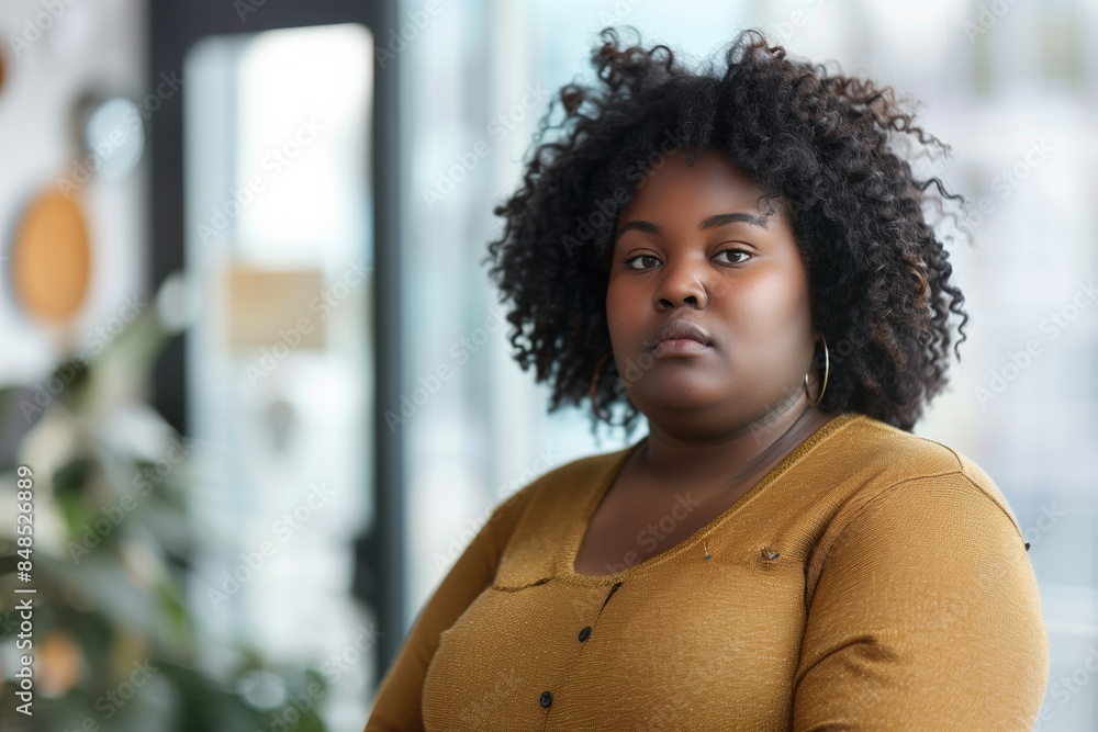 Fototapeta premium A young African woman with curly black hair stands in front of a window, wearing a casual mustard yellow sweater
