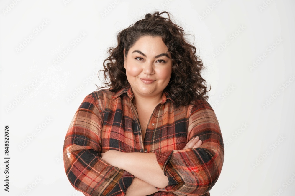 A successful, overweight Hispanic woman stands confidently against a white background, wearing a plaid shirt with her arms crossed A successful, overweight Hispanic woman stands confidently against a white background, wearing a plaid shirt with her arms crossed