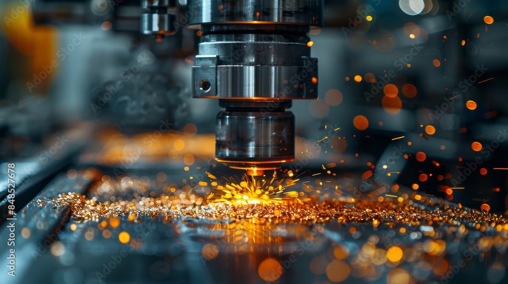 Close-up of a precision CNC milling machine cutting metal with sparks flying, symbolizing industrial manufacturing and technology Close-up of a precision CNC milling machine cutting metal with sparks flying, symbolizing industrial manufacturing and technology