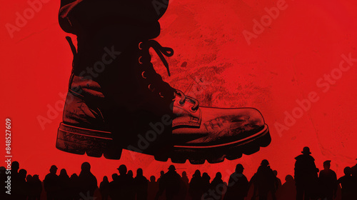 Dominance and Oppression: giant boot crushing silhouetted crowd against a stark red background.