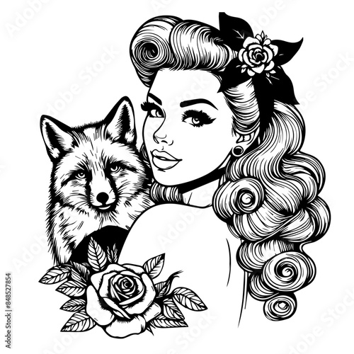 vintage pin-up girl with fox drawing vector