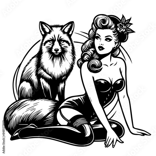 retro pin-up girl and fox vector illustration