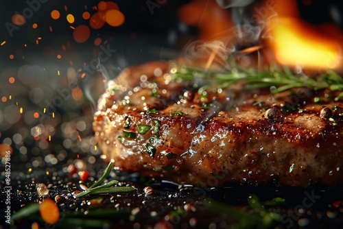 Grilled beef steaks with rosemary and spices