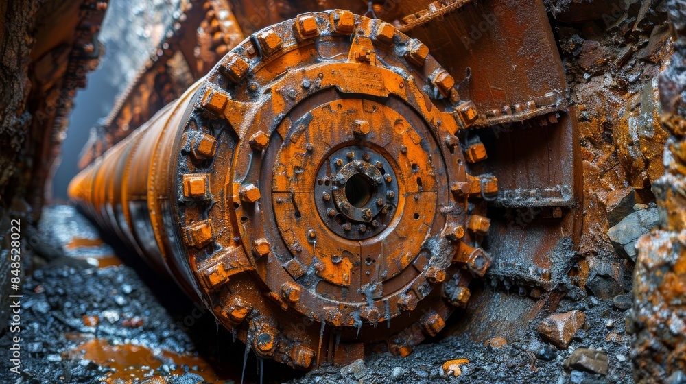 Detail shot of a rusty, worn-out industrial drill part with visible wear and tear, symbolizing industry decay Detail shot of a rusty, worn-out industrial drill part with visible wear and tear, symbolizing industry decay