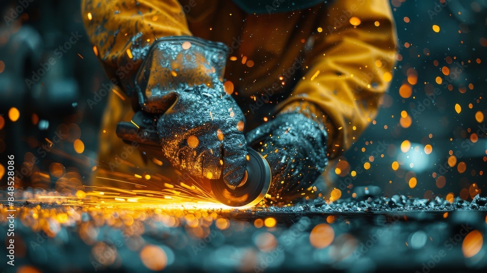 A worker in protective gear grinds a metal piece, with sparks flying around in a dynamic display of craftsmanship A worker in protective gear grinds a metal piece, with sparks flying around in a dynamic display of craftsmanship
