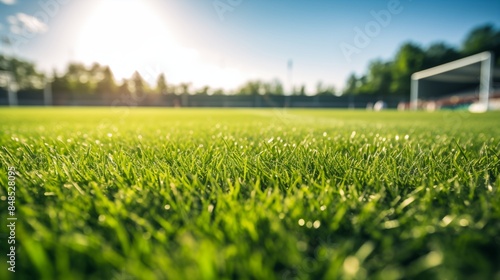 Sunny Day on the Soccer Field with Goal Post and Green Grass photo