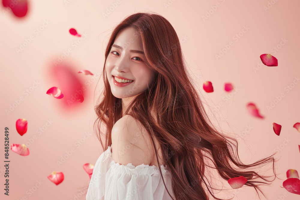 「美しいアジアの少女のポートレート - 美しさのオーラを象徴する薔薇の花びらに囲まれて」 「美しいアジアの少女のポートレート - 美しさのオーラを象徴する薔薇の花びらに囲まれて」