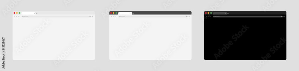 Web browser window isolated vector elements. The design of the site template is decorated in a light and black theme. Mockup for website design on gray background