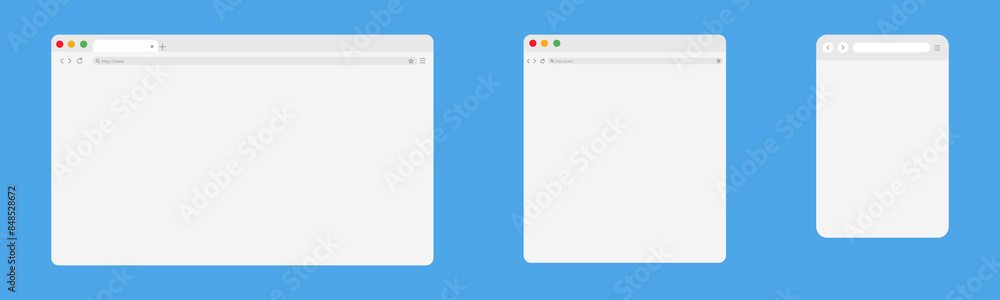 Web browser window isolated vector elements. Site template design on different devices. Mockup for website design on blue background