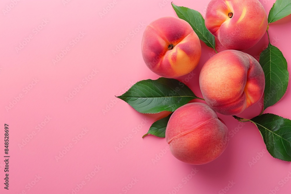 Close-up of fresh, dew-covered peaches on a pink surface under soft lighting. Close-up of fresh, dew-covered peaches on a pink surface under soft lighting.